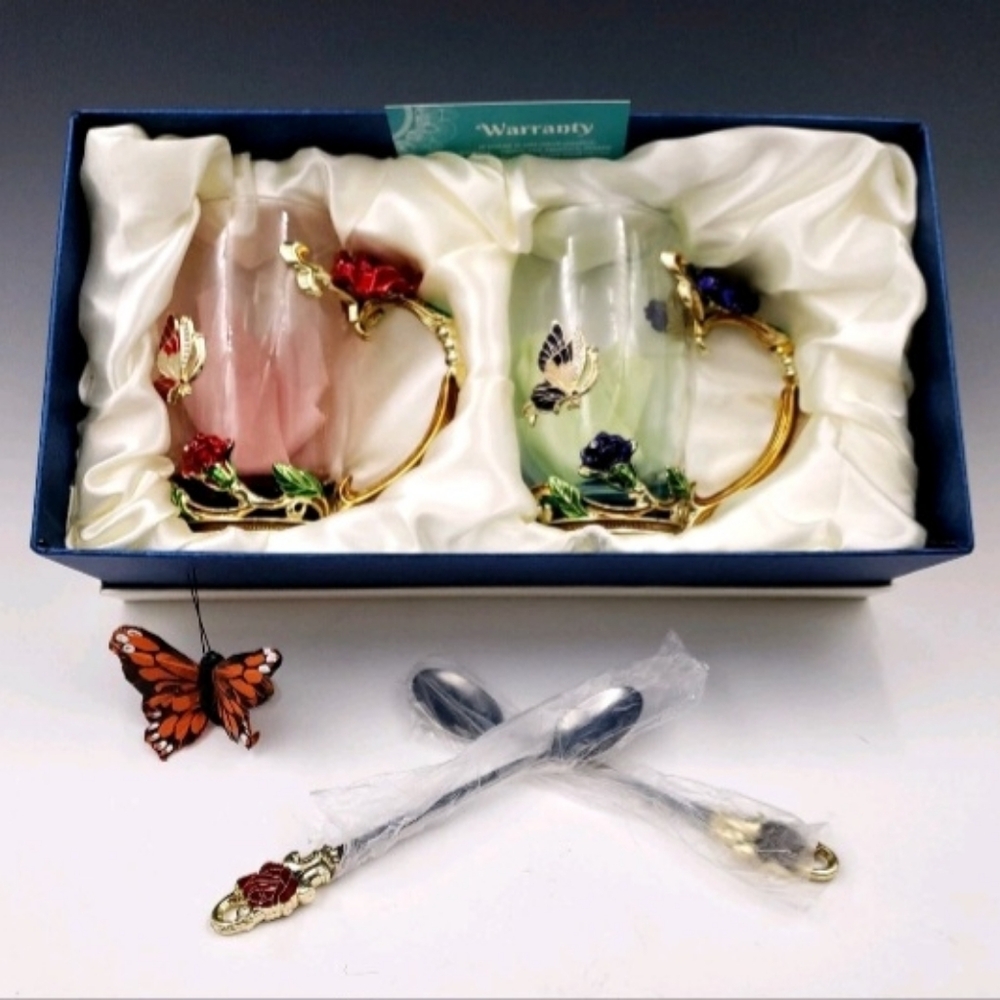 Brew To A Tea Btat- Floral Glass Tea Cups Spoon Lid Set Pack Of 2 11 Oz Blue NIB - Picture 15 of 16